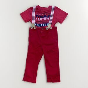 18m Baby Boy Red Outfit Tommy Hilfiger Shirt with Cat & Jack Suspender Pants